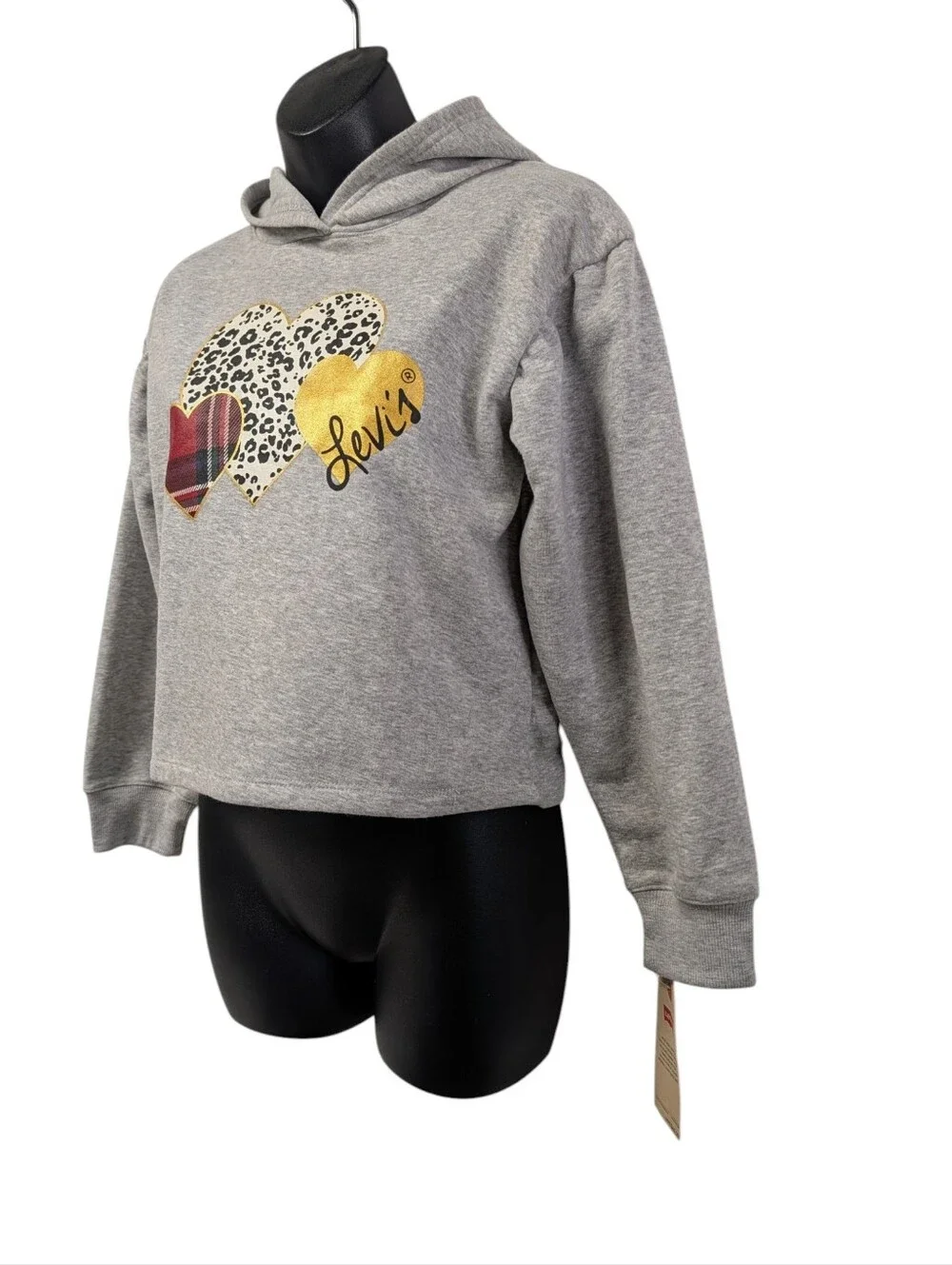 Levi’s Girls Gray Cropped Hoodie Hearts Leopard Plaid Size L NWT
